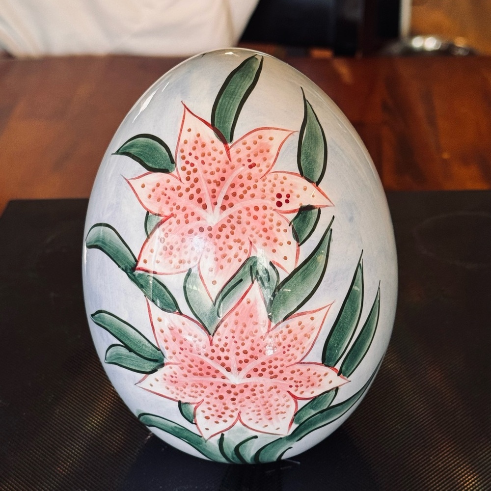 Hand-Painted Ceramic Easter Egg with Pink Floral Design, 6"